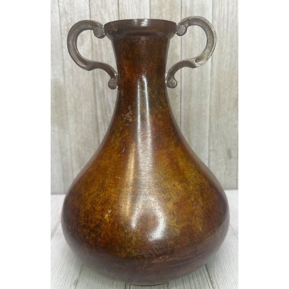 Vtg Metal Bronze Colored Vase Double Handled Pear Shaped 9.5" Tall Made in India